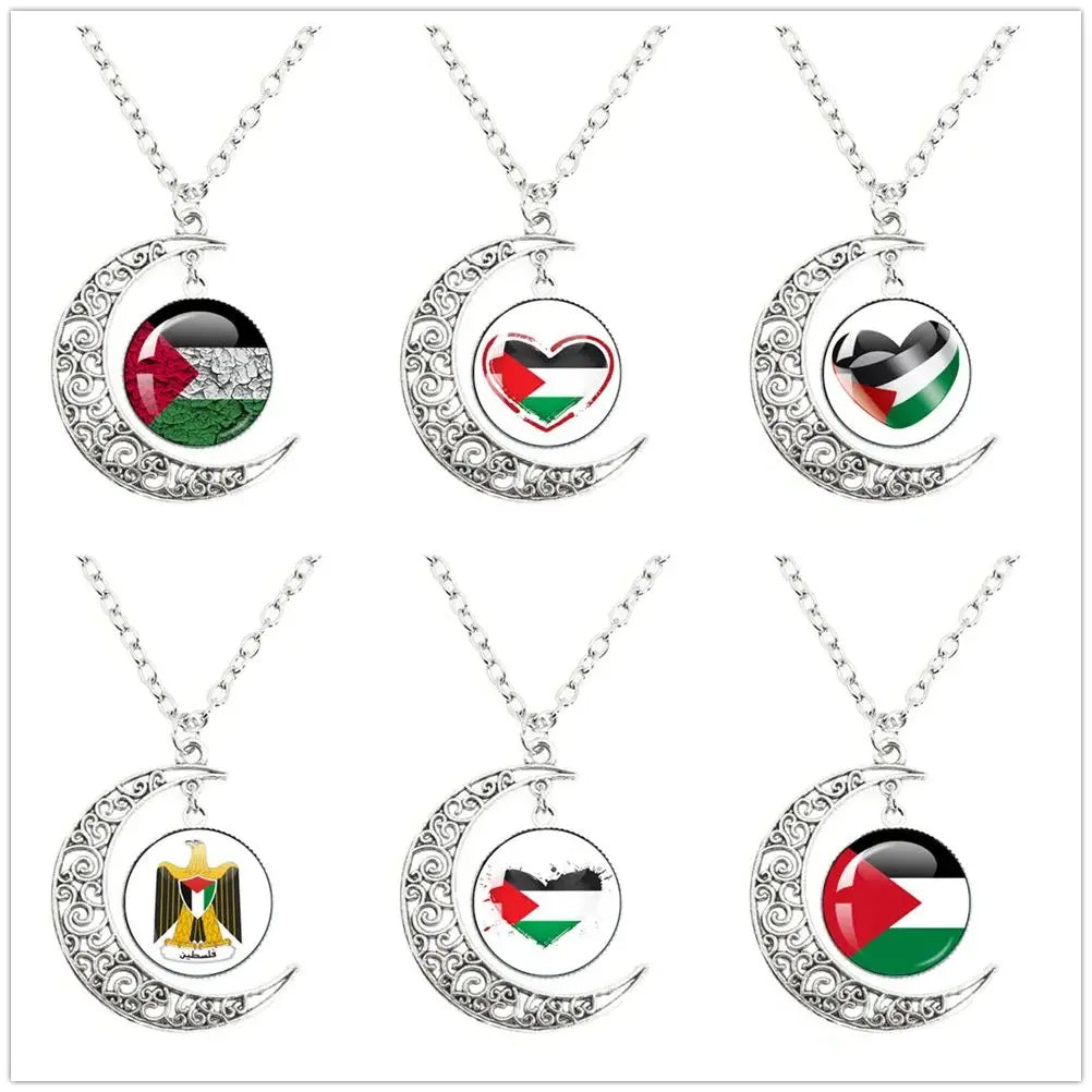 Palestine Nation Flag Emblem  Moon Necklace Personalized Art Patterns Glass Cabochon Jewelry Moon Necklace
